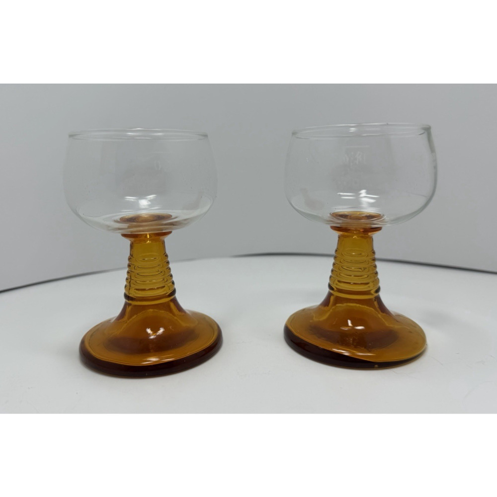 Vintage Light Amber Beehive Stem Wine Goblets 4oz Etched Glass Set of 2